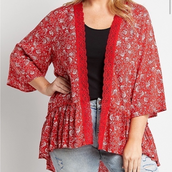 Maurices Sweaters - Maurices Red Floral Crochet Trim Open Front Peplum Hem Kimono Size Large